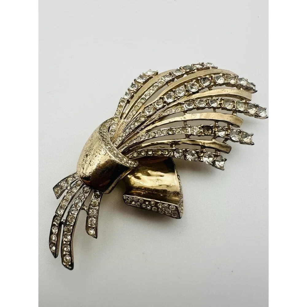 Vintage Coro Craft Sterling Brooch Vermeil Rhinestone Flower Bouquet  READ